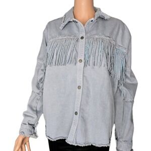 Zara Rhinestone Fringe Denim Shacket Light Blue Gray Western Boho Size Small‎